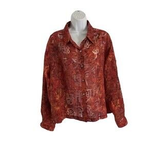 Chico's Sz 3 Sheer Linen Blend Shirt Large Red Asian Print Button Front Blouse